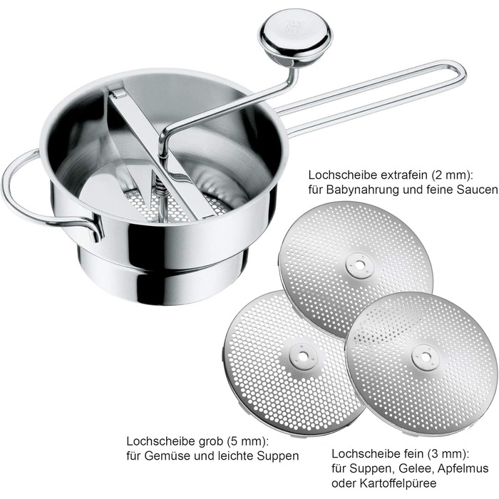 Прес-млин для овочів WMF Gourmet з 3 дисками, 19x11,5 см, нержавіюча сталь Cromargan, розбірний, та професійна терка для шпецле 35x14 см з лопаткою, нержавіюча сталь Cromargan