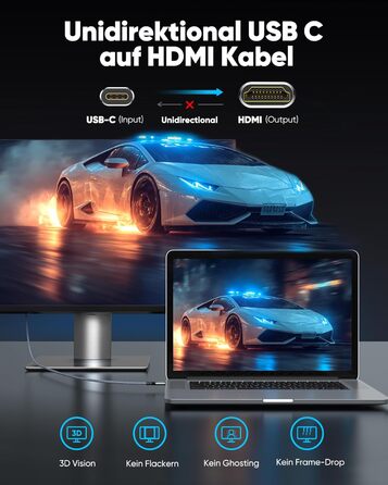 Кабель USB C на HDMI Highwings 4K@60Hz 1.8м (сірий), сумісний з iPhone, MacBook, iPad, Surface, Galaxy