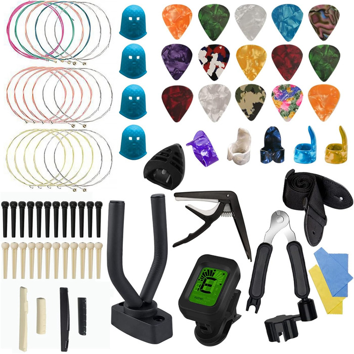 Набір аксесуарів для гітари TTCR-II, 78 шт: стійка, тюнер, каподастр, медіатори, струни, фінгерпіки, захист пальців, ремінь
