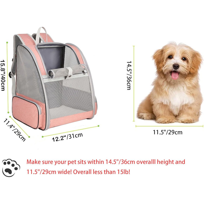 Рюкзак для кота/маленької собаки, переноска для тварин, рожевий, до 8 кг, дихаючий, складний, з вікном та страхувальним ремінцем