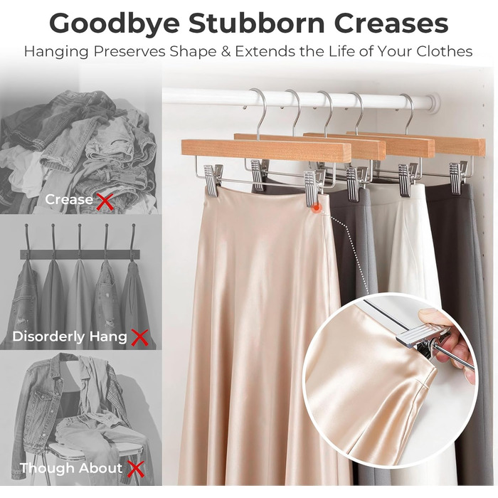 Дерев'яні вішалки для штанів та одягу HOUSE DAY з кліпсами, 25 шт. Вішалки для спідниць, дерев'яні білі вішалки для одягу, компактні вішалки для штанів з обертовим гачком 360°, ширина 35,5 см (натуральне дерево)