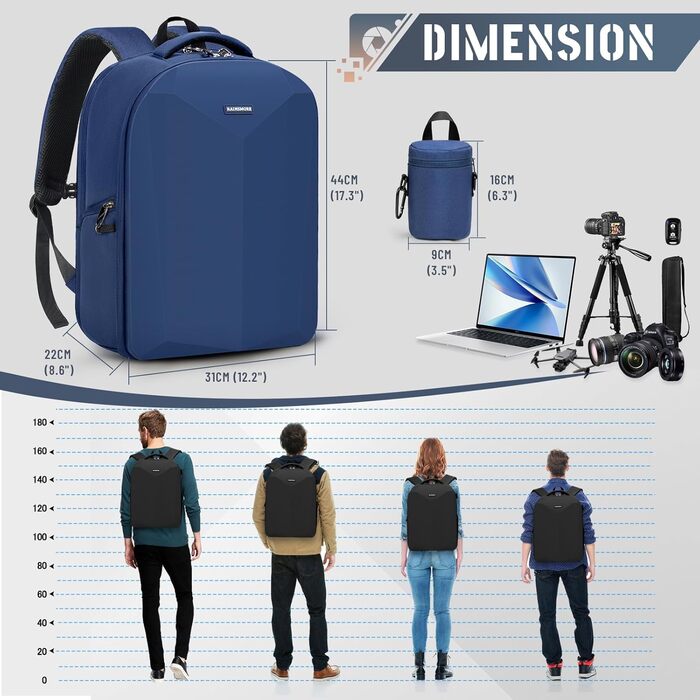 Рюкзак для фотокамери RAINSMORE: водонепроникний, з захистом від дощу, для DSLR/SLR, з відділенням для ноутбука, професійний, блакитний