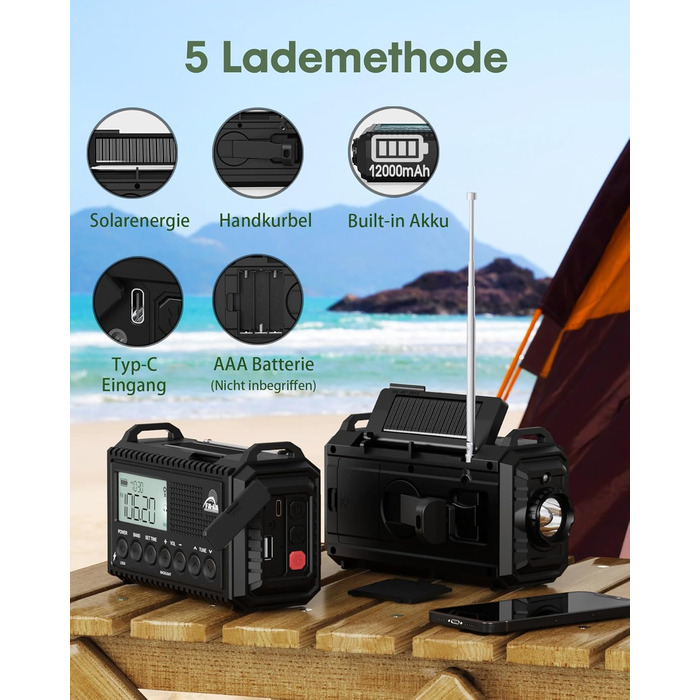 Радіоприймач Kurbelradio на 12000mAh з сонячною панеллю та ручкою, AM/FM/SW, з ліхтариком, USB-зарядкою, SOS-сигналом, для кемпінгу та надзвичайних ситуацій, зелений