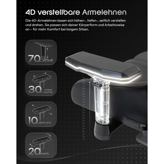 Ігровий крісло Dowinx з 4D підлокітниками, функцією гойдання 15° та регулюванням спинки до 165°, масажний, ергономічний, дизайн у стилі гоночного авто, до 135 кг, чорний