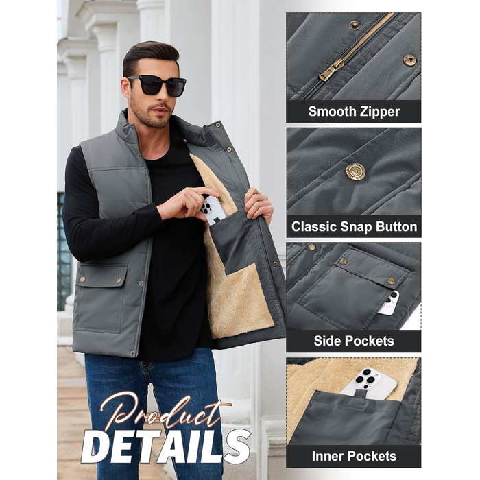 Xnova чоловіча зимова жилетка з підкладкою Thero Sherpa, тепла флісова жилетка, зимова куртка, жилетка для полювання, робоча жилетка, утеплена жилетка для активного відпочинку, сіра, розмір M