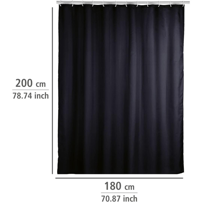 Штора для душу WENKO Anti-Schimmel чорна, текстильна, антигрибкова, водонепроникна, з кільцями, 180x200 см