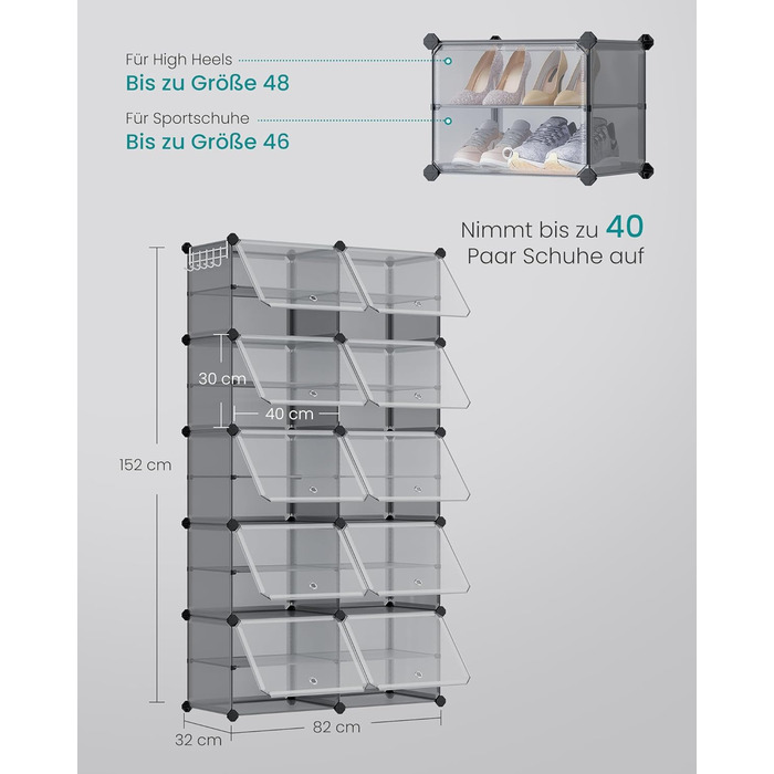 SONGMICS 10-Tier Shoe Rack, Shoe Cabinet, 30 x 40 x 30 cm per compartment, narrow, with doors, steel frame, plastic, for hallway, bedroom, entrance area, LPC035B01 (10 tiers (83B x 156H cm), Slate Grey)