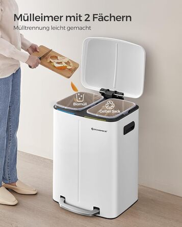 SONGMICS Відро для сміття 40 л з 2 відсіками (2 x 20 л), з педаллю, з металу, з пластиковим внутрішнім відром, з кришкою та ручками, Softclose, герметичне, біле LTB40WT