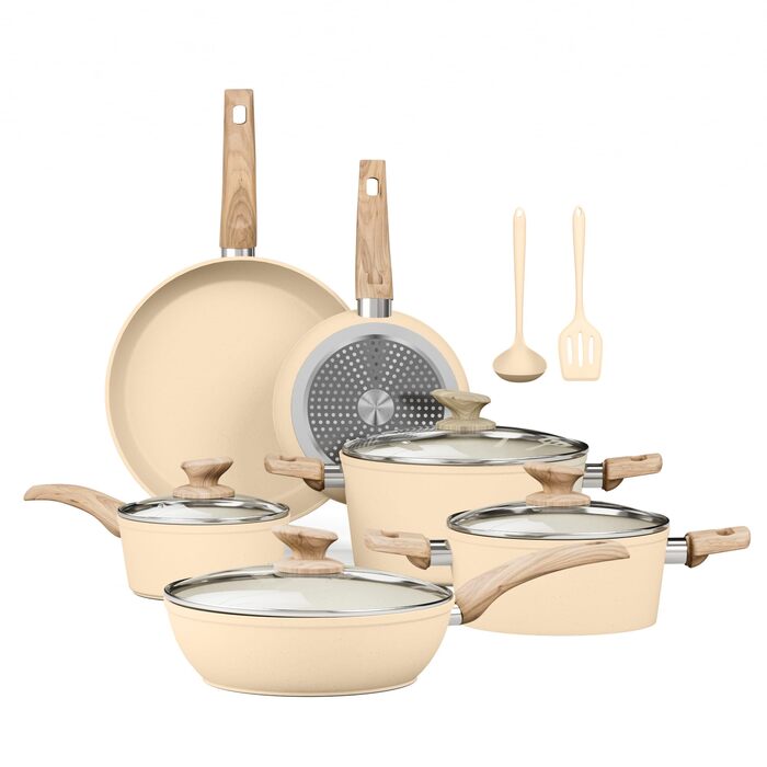 Набір кухонного посуду Kitchen Academy 12 предметів бежевий гранітний антипригарний для індукції, без PFOA/PFOS, сковороди та каструлі для всіх типів плит