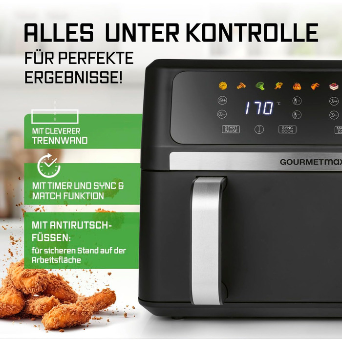 Фритюрниця готувальна повітрям Gourmetmaxx AirGenius 9 л (2 x 4,5 л) з 8 програмами | 2 камери для одночасного приготування | Сенсорний дисплей, для 8 осіб