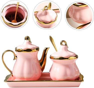 Ceramic Milk Pitcher and Sugar Bowl Set, Sugar Container, Milk Canister with Tray, Spice Jar with Lid and Spoon, Creamer, Coffee Service Set for Home, Cafe, Bar (Pink)
