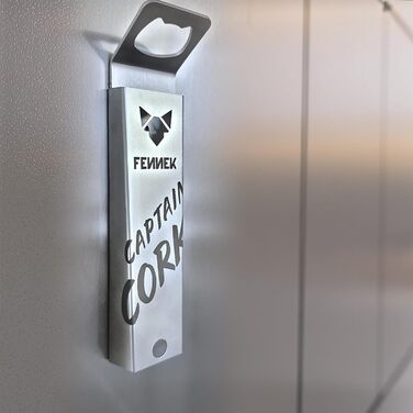 FENNEK Captain Cork | Bottle Opener | Integrated, super-strong magnet for up to 40 bottle caps | Easy mounting with adhesive tape or screws | made of stainless steel | Made in Germany