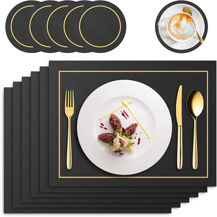 RIWNNI Placemats PU Leather 6-Piece Set, Placemats and Coasters Set, Washable Leather-Look Placemats, Waterproof Non-Slip Heat-Resistant Faux Leather Table Placemats, 41x31cm Table Mat, Light Gray