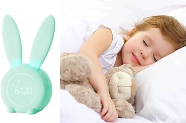 Gentle Light Alarm Clock Bunny Clock Children's Alarm Clock Rabbit Alarm Clock Wake Up Light Creative Lamp Bedside Lamp Night Light, Snooze Function, 6 Sound Options, Timed Night Light Green