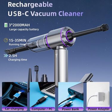 Бездротовий портативний пилосос Kedifoai: акумуляторний, 20000 Па, 4-в-1 для авто, дому, офісу та видалення шерсті тварин