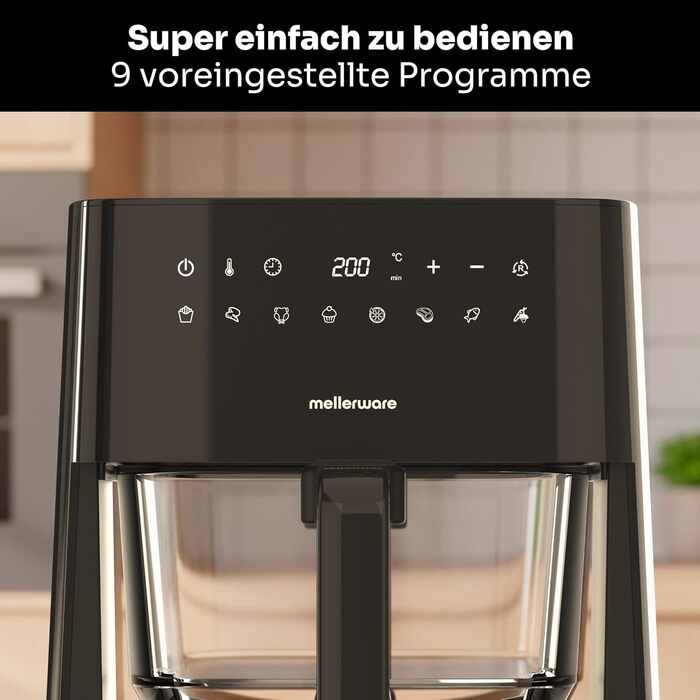 Фритюрниця без олії MELLERWARE 1450W з скляним контейнером 4.5L, 9 програм, сенсорний дисплей, 80–200°C, таймер 60 хв, для миття в посудомийній машині
