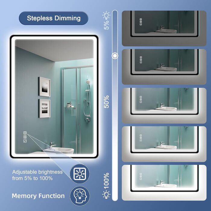 Дзеркало для ванної кімнати зі світлодіодним підсвічуванням STARLEAD 80x60 см, Bluetooth, протитуманне, регульоване, 3 кольори світла, HD скло, IP44, горизонтальне/вертикальне