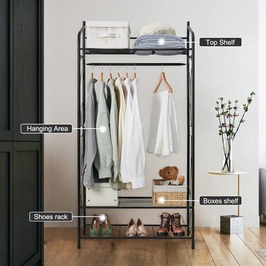 Metal Clothes Rack, Multifunctional Closet with 1 Clothes Rod and 3 Shelves, Coat Rack for Bedroom Dressing Room, 79×36×161cm