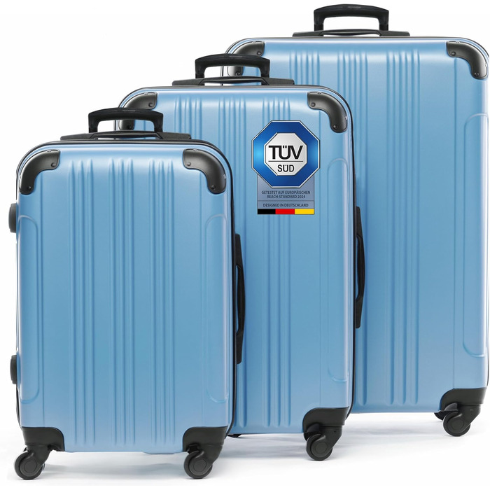 Набір валіз FERGÉ 3 шт. з твердим корпусом QUÉBEC. Чемодани-ролери (ручна поклажа, L, XL). Валізи з ABS, 4 колеса, колір: блакитний льоду