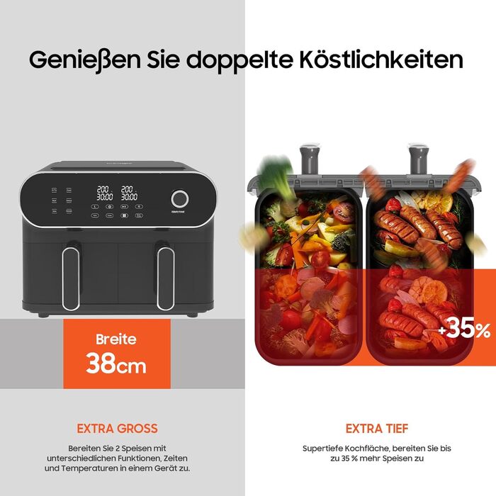 Iceagle Hot Air Fryer 2 Chambers Airfryer 11 L - Hot Air Fryer Double Chamber 1700W, Oil-Free Fryer, Dishwasher-Safe Baskets, Touchscreen, 6-in-1, 4-8 Portions, Black
