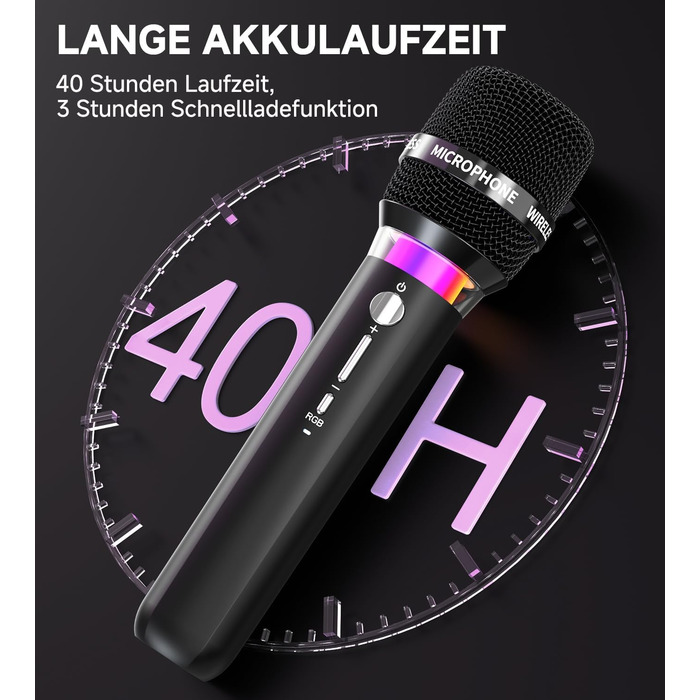 Бездротовий мікрофон з LED-підсвіткою, подвійний, акумуляторний, караоке, чорний