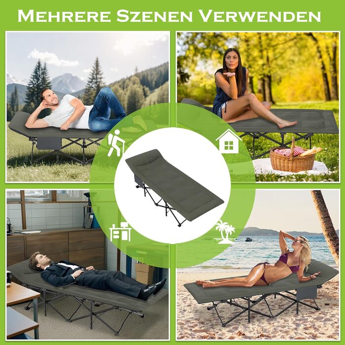 Розкладне ліжко-крісло для кемпінгу 185x75 см з матрацом, подушкою та кишенею, до 250 кг, для відпочинку на природі, саду та риболовлі
