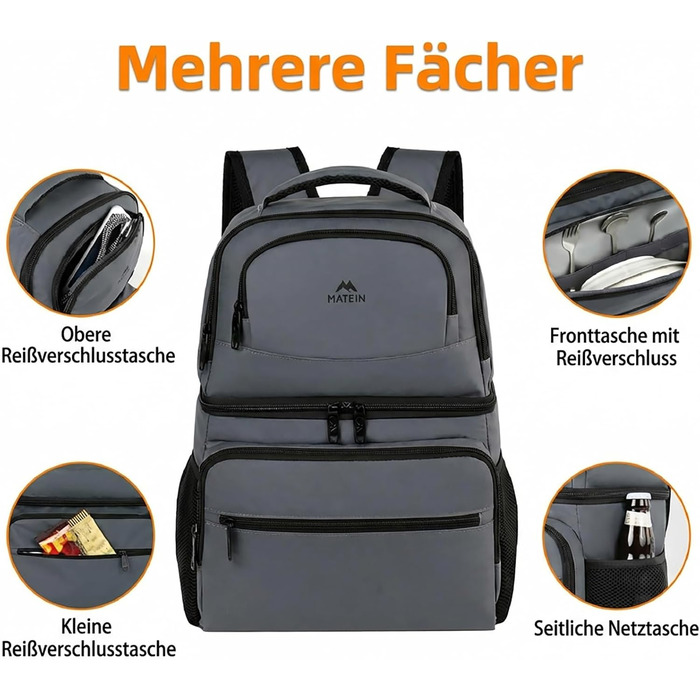 Рюкзак-холодильник MATEIN 34L, сірий, на 40 банок, для пікніків, пляжу, кемпінгу, чоловічий/жіночий