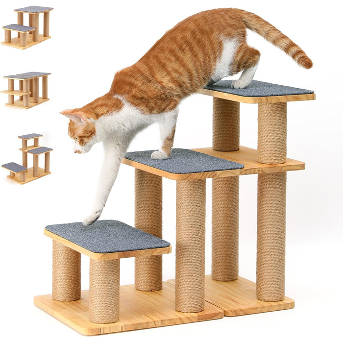 Сходинки для собак FUKUMARU, 3 сходинки, з натурального дерева та джуту, регульована висота 18-51 см, вантажопідйомність до 90 кг, знімний м'який килимок, 6 варіантів комбінації кольорів, підходить для котів та собак