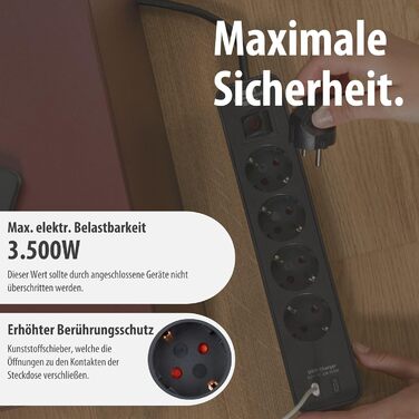 Брененштуль Ecolor Розподільник розеток на 4 розетки з USB-зарядкою (Чорний, з вимикачем, 1.5м кабель, 2x USB-C)