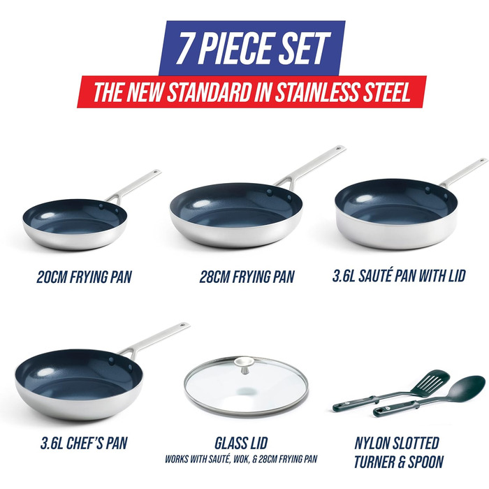 Набір посуду Blue Diamond Cookware 7-частинний з нержавіючої сталі з покриттям Diamant Verstärkte Keramik Antihaft, без PFAS, для індукційних плит, сумісний з духовкою та посудомийною машиною