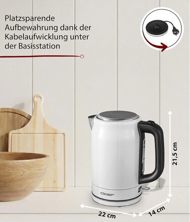 Електричний чайник Cloer 4511 з нержавіючої сталі, 2200 Вт, білий, 1.7 л, з індикатором рівня води та захистом від сухого кипіння та перегріву