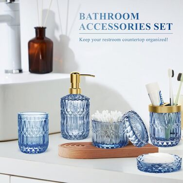 Набір аксесуарів для ванної кімнати 5 предметів, чорний дозатор для мила та лосьйону, мильничка, підставка для зубних щіток, стаканчик, склянка для ватних паличок, прозорий скляний бокс (Синій)