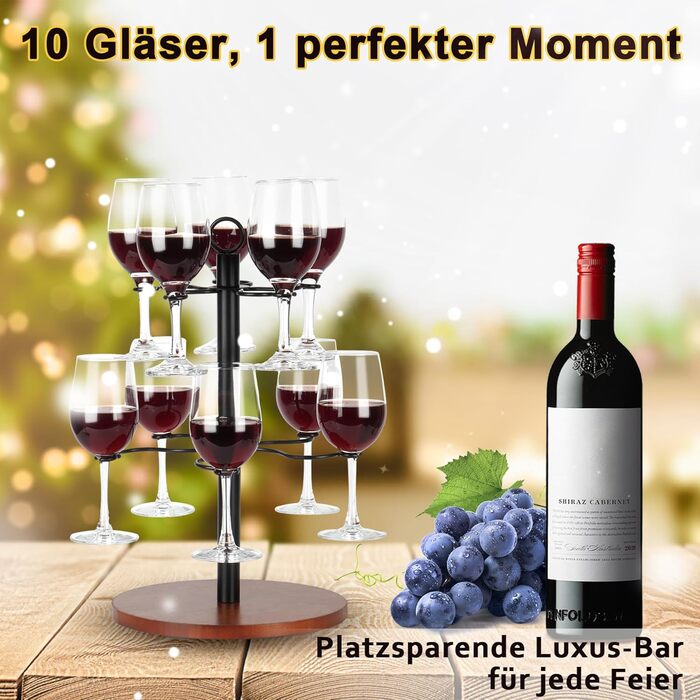 Стійка для келихів JUJOYBD на 10 келихів: 2-рівнева підставка для вина, Aperol та коктейльних келихів, з дерев'яним основанням для вечірок, свят та заходів на відкритому повітрі