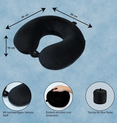 Подушка для шиї Essentials з піною з пам'яті (100%) - U-подібна, з м'яким велюровим чохлом - для подорожей, авто, літака, офісу та дому (Чорна)