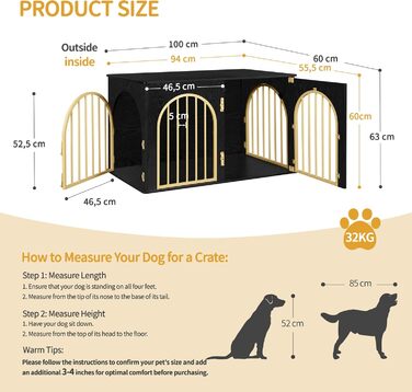 Клітка для собак Hzuaneri, 100 см, з 3 дверцятами, сучасний дизайн, для дому, чорне золото, DFC84101B
