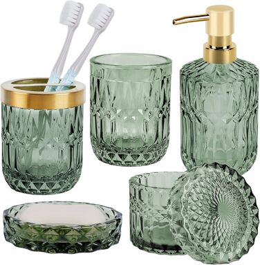 Набір аксесуарів для ванної кімнати NZZVNZ, 5 шт. - зелене скло, набір мильниць, дозатор мила, тримач для зубних щіток, контейнер для ватних паличок, склянка, декор для ванної кімнати, вінтажний подарунок