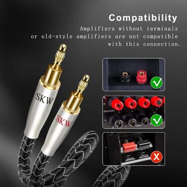 Кабель акустичний SKW з банановими роз'ємами, мідно-срібний HiFi кабель для домашнього кінотеатру, підсилювача та колонок, 1м (пара)