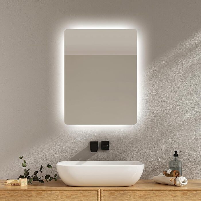 Дзеркало для ванної кімнати EMKE з підсвічуванням 50x70 см, антизапотівання, 3 кольори світла, диммування, сенсорне управління, функція пам'яті та автоматичне вимкнення через 3 години