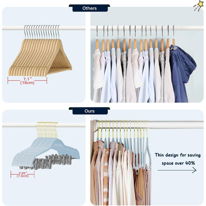 Набір вішалок для одягу Stormix 24 шт. з кліпсами, 42 см, для штанів, спідниць, суконь, курток, пальто (рожево-золоті гачки)