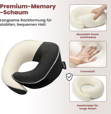 Подушка для шиї COSYLAND для літака та авто - Memory Foam, 360° підтримка, регульована, чорна. З маскою для сну та берушами