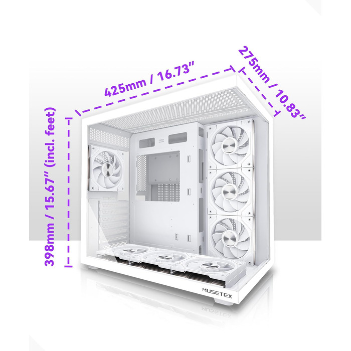 Ігровий корпус для ПК Musetex Y6 ATX Mid Tower, 7 ARGB PWM вентиляторів Infinity Mirror, панорамне загартоване скло 270°, USB Type-C, Білий