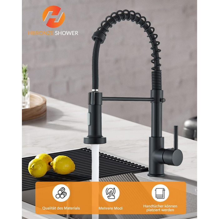 Кухвонний змішувач Hbronzeshower з висувною лійкою, 360° поворот, нержавіюча сталь, чорний