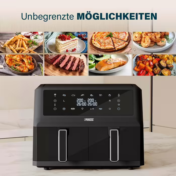 Princess Double Basket Air Fryer - 2 Compartments - 11 L - BPA- and PFAS-free - Sync Function - 8 Programs - Viewing Window - 2400 W - 182276 DOUBLE CHAMBER 2x5.5L