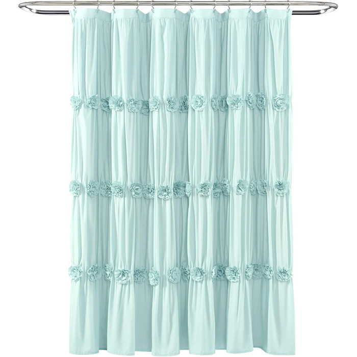 Штора для душу Lush Decor Darla з рюшами та квітковим малюнком, поліестер, біла, 183x183 см (блакитна)