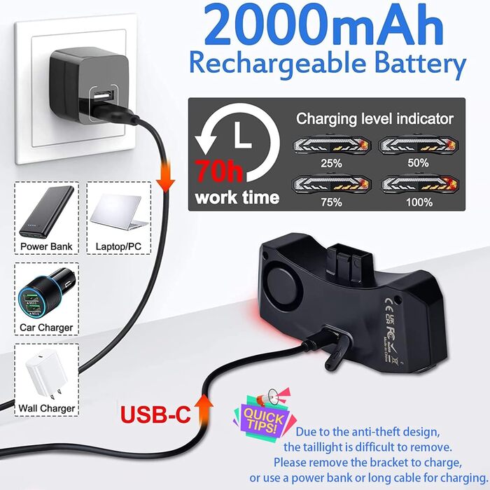 NineLeaf Велосипедна сигналізація з пультом, бездротова, USB-зарядка, антивандальна, водонепроникна, 110 дБ, для велосипеда, мотоцикла, мопеда, скутера