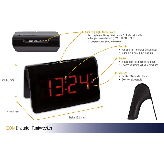 TFA Dostmann ICON Digital Radio Alarm Clock, 60.2543.05, Alarm with individual snooze duration, 2 brightness levels, very bright red LED digits, radio clock, black