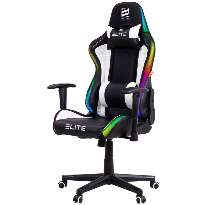 Геймерське крісло ELITE LED Destiny: ергономічне офісне крісло з RGB підсвіткою, штучна шкіра (чорно-біле)
