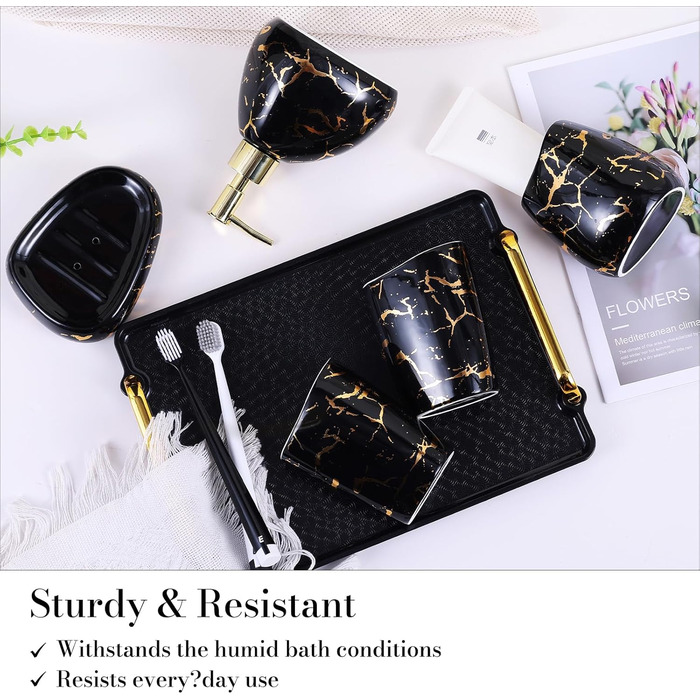 Black bathroom accessory set, gold marble look, modern 6-piece bathroom accessory set, complete with soap dispenser, toothbrush holder, cup, tray, countertop.