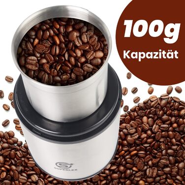 Електрична кавомолка SUPERLEX 200 Вт, 100 г, нержавіюча сталь, знімний контейнер, для кавових зерен, спецій, кориці