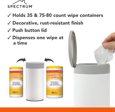 Spectrum Diversified Decorative Wipes Dispenser - Refillable Wet Wipe Holder for Household Cleaning, Stylish Cleaning Cloth Holder, Stainless Steel Plastic, White, 1 Count (Pack of 1)